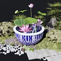 Garden Ornament With Blue and White Ceramic Basin Lotus Flowers Leaves Moss and Stones