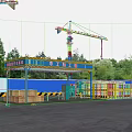 Construction Site Vehicle Washing Shed with Blue Roof Yellow Railings Wooden Crates and Tower Cranes