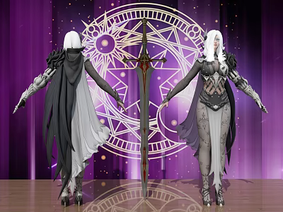 Game Movie Character With White Hair Black White Outfit Magic Circle Background And Sword 3d model