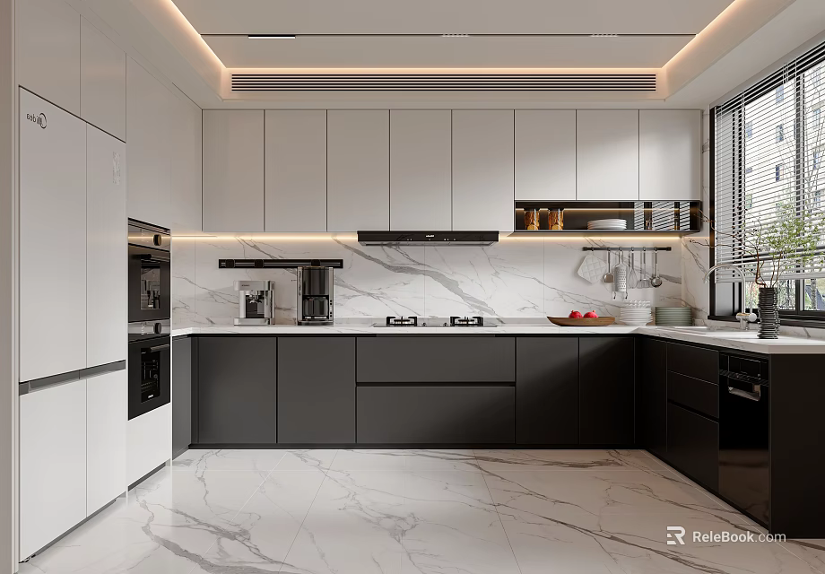 Modern Kitchen Interior With Black And White Cabinets Marble Countertop And Built In Appliances 3d model 
