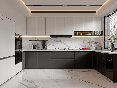Modern Kitchen Interior With Black And White Cabinets Marble Countertop And Built In Appliances 3d model