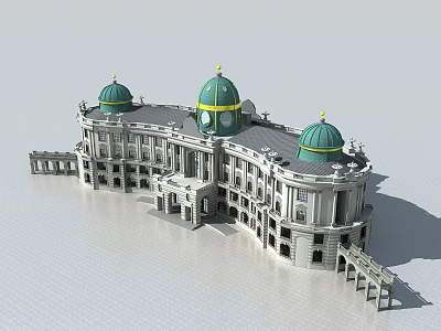 Classical Hotel Building With Green Domes Yellow Spires And Gray Stone Exterior 3d model