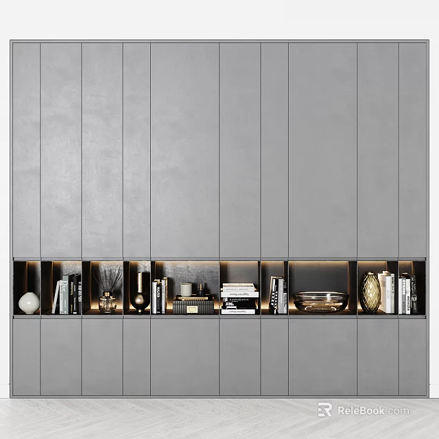 Modern Gray Shoe Cabinet Interior With Embedded Shelves And Decorative Items 3d model