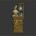 Elegant Marble Display Shelf With Golden Container And Blue Glass Bottles