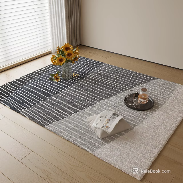 Blue And White Striped Square Rug On Wooden Floor With Sunflower Bouquet Tray And Bag 3d model 