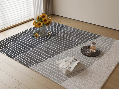 Blue And White Striped Square Rug On Wooden Floor With Sunflower Bouquet Tray And Bag 3d model