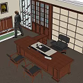 Office Interior With Black Sofa White Cushions Wooden Coffee Table Display Cabinet And Wall Paintings
