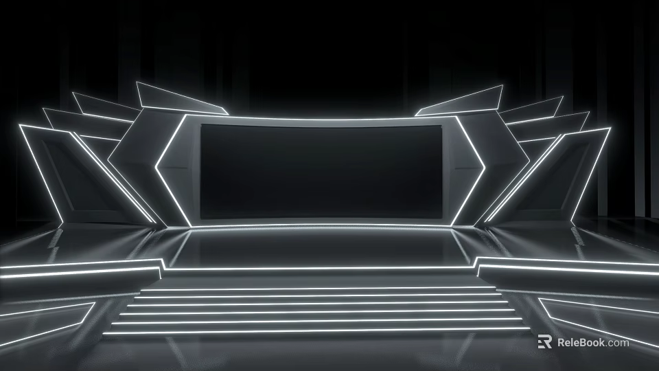 Futuristic Stage Design Featuring Angular Structure White Luminous Lines Neon Lighting And Front Steps 3d model 
