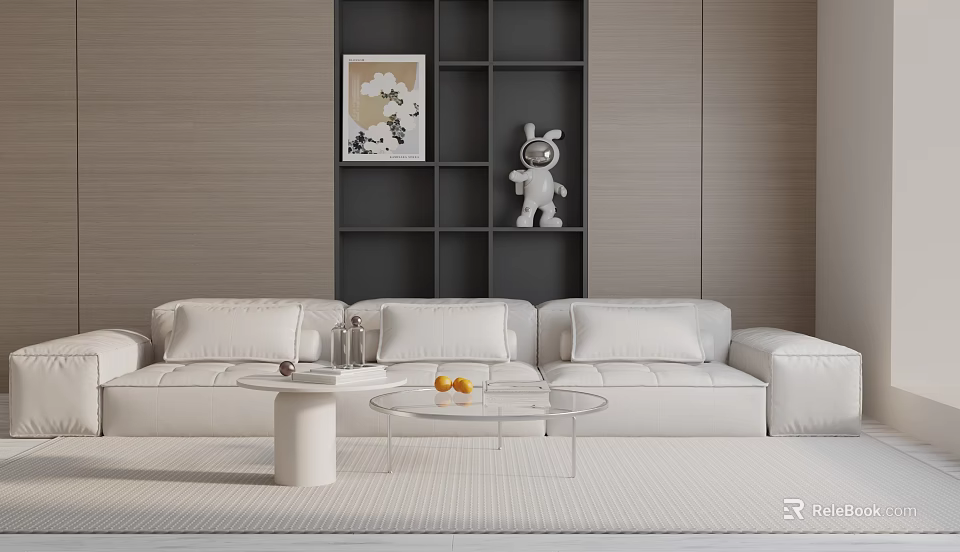 Modern Living Room Interior With White Three-Seater Sofa Glass Coffee Table And Decorative Shelves 3d model 