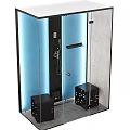 Modern Shower Sauna With Glass Enclosure Blue Lighting And Black Base Units Design
