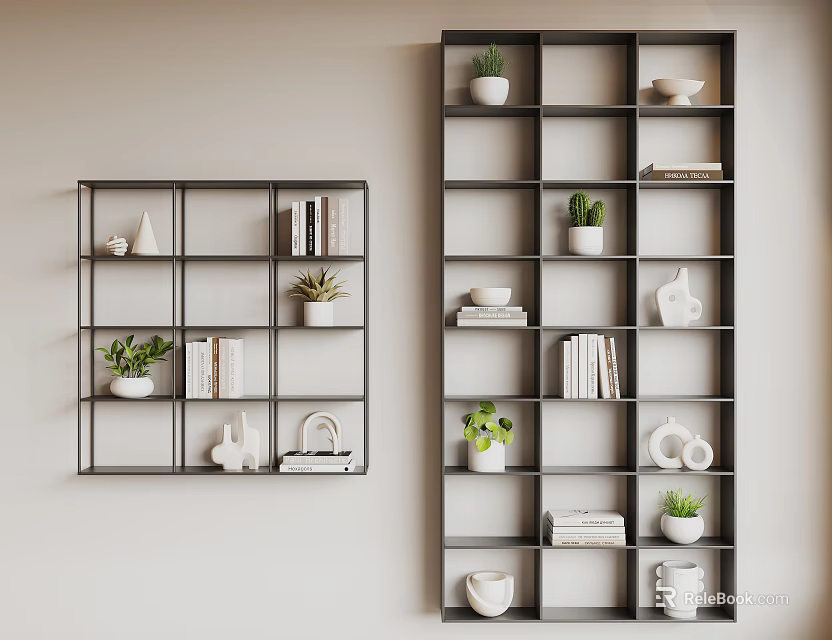 Wall Mounted Dark Gray Shelving Units With Books Potted Plants Decorative Items And Folded Towels 3d model 