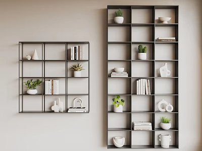 Wall Mounted Dark Gray Shelving Units With Books Potted Plants Decorative Items And Folded Towels 3d model
