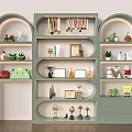 Light Green Arched Display Cabinet with Multiple Shelves Showcasing Trophies Medals Toys and Decorative Items