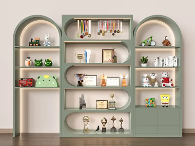 Light Green Arched Display Cabinet with Multiple Shelves Showcasing Trophies Medals Toys and Decorative Items 3d model