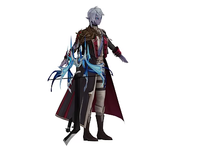 Game Fantasy Character With Silver Hair Red Coat And Blue Magical Elements 3d model
