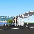 Large Public Building With Blue Roof Glass Structure Circular Paved Area Parking Lot And Trees