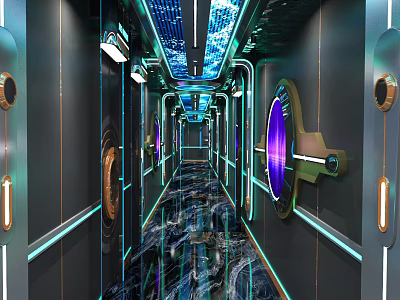Futuristic KTV Corridor Interior With Blue Purple Lighting Shiny Floor And Metallic Accents 3d model