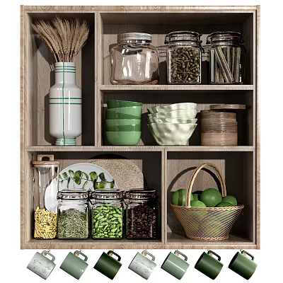 Organized Kitchenware Display on Wooden Shelf with Glass Jars Bowls and Limes in Woven Basket 3d model