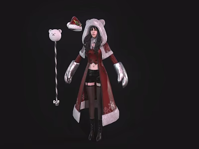 Female Character In Red White Trimmed Coat With Plush Bear Creature Accessory 3d model