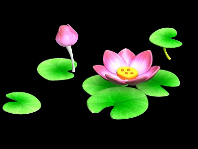Beautiful Pink Blooming Lotus Flower With Bud And Green Floating Leaves 3d model
