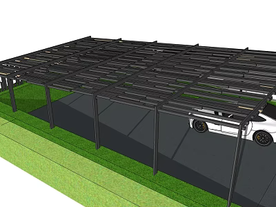 Black Metal Carport Structure Covering White Car On Grass And Paved Ground 3d model