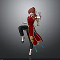 Woman With Red Hair In Red Traditional Outfit Dancing Pose Against Gray Background