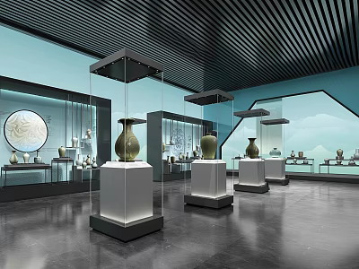 Spacious Modern Exhibition Hall Interior Featuring Glass Display Cases Antique Vases And Exhibits 3d model