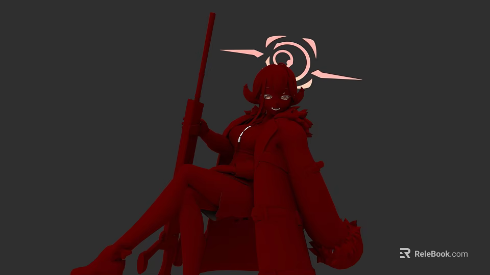 Stylized Red Haired Woman With Long Spear And Decorative Backpiece In Red Outfit 3d model 