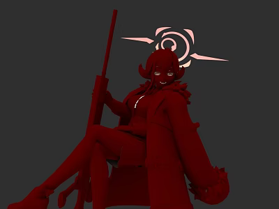 Stylized Red Haired Woman With Long Spear And Decorative Backpiece In Red Outfit 3d model