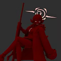 Stylized Red Haired Woman With Long Spear And Decorative Backpiece In Red Outfit