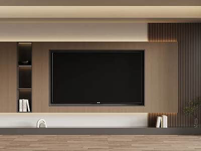 Modern TV Wall Design With Wooden Panel Built-in TV And Floating Shelves 3d model