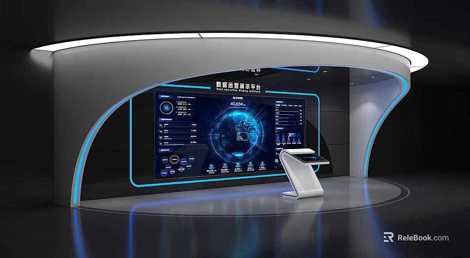Smart Energy Digital Exhibition Hall Featuring Large Screen Data Charts Earth Graphic And Control Console 3d model 
