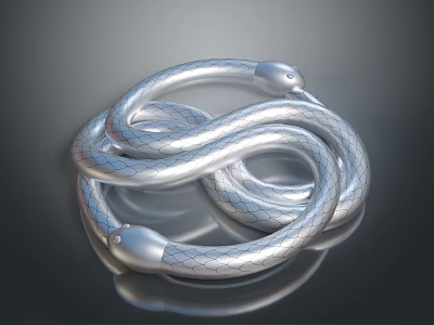Silver Snakes Coiled and Intertwined With Scaly Texture Heads Facing Each Other 3d model