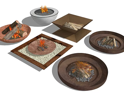 Various Shaped Outdoor Fire Pits With Wood Logs And Storage Box 3d model