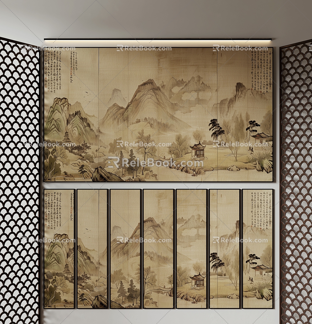 New Chinese background wall hard bag wallpaper decorative painting wall painting 3d model