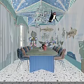 Ocean Themed Private Room With Blue Table Chairs Fish Decorations And Chandelier