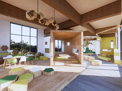 Bright Spacious Kindergarten Interior With Wooden Ceiling Colorful Play Areas And Natural Light 3d model