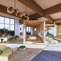 Bright Spacious Kindergarten Interior With Wooden Ceiling Colorful Play Areas And Natural Light