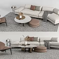 Modern Minimalist Sofa Coffee Table Set With Round Table Ottoman Throw Pillows And Rug 3d model