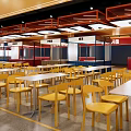 Modern Restaurant Interior With Red Ceiling Frames White Geometric Decor And Yellow Tables Chairs 3d model