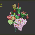 Floating Islands 3D Model With White Rock Structures Green Plants And Red Buildings 3d model