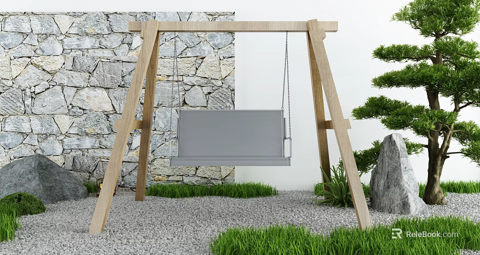 Outdoor Swing Chair with Wooden Frame Gray Seat in Garden Stone Wall Green Grass 3d model 