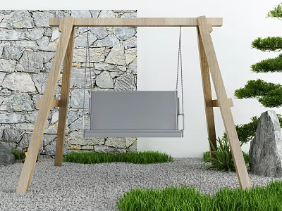 Outdoor Swing Chair with Wooden Frame Gray Seat in Garden Stone Wall Green Grass 3d model