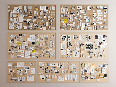 Collage Display On Multiple Cork Boards With Papers Notes And 3d model
