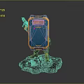 Blue And Yellow Robot With Box Shaped Body Holding Weapon Standing On Black Base