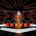 Esports Competition Stage Design With Red Black Lighting And Arena Seats