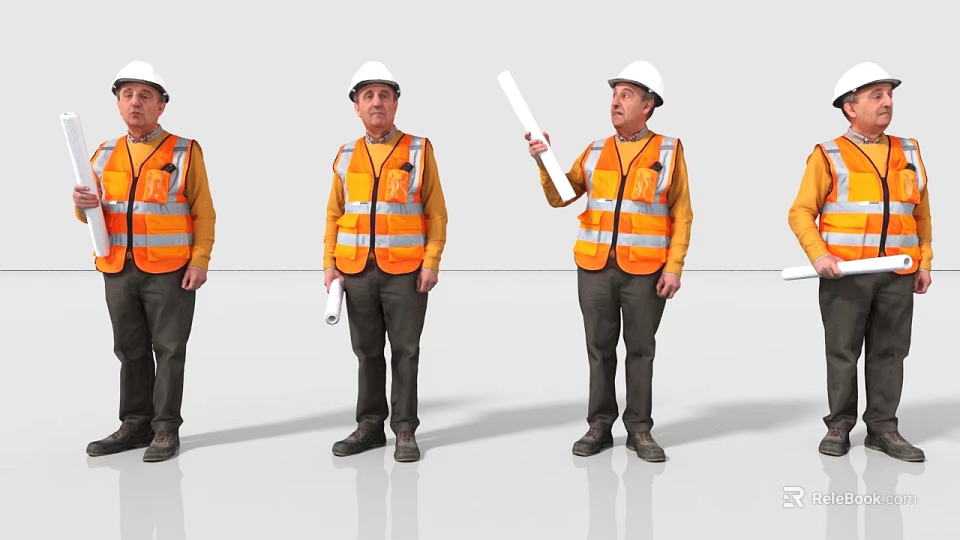 Men In Orange Safety Vests And White Hard Hats Holding Scrolls At Work Site 3d model 