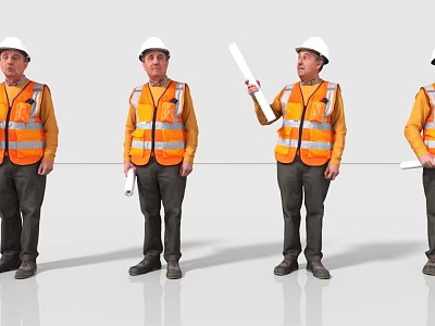 Men In Orange Safety Vests And White Hard Hats Holding Scrolls At Work Site 3d model
