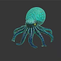 Turquoise Octopus with Spotted Body Yellow Eyes and Long Tentacles on Dark Background with Reflection