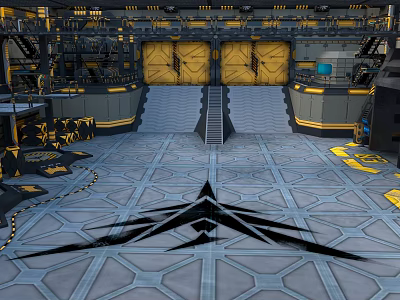 Futuristic Sci-Fi Facility Interior With Metallic Geometric Floor And Large Yellow Doors 3d model